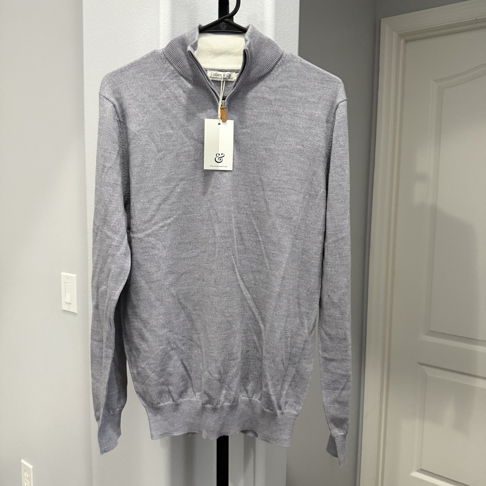 Collars & Co. NWT Austrailian Merino Wool Sweater Gray Melange Quarter Zip Small